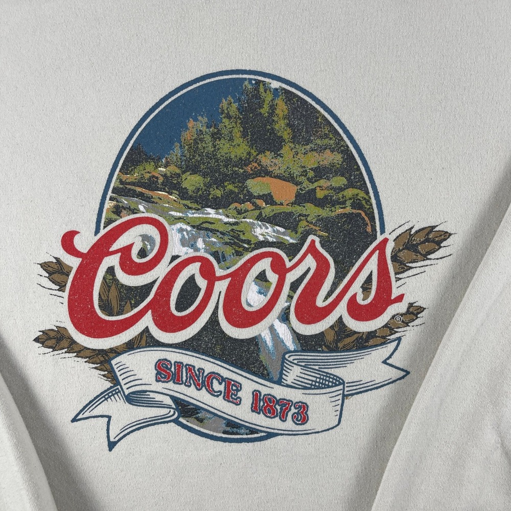 Coors Men XL Cream Sweatshirt Graphic Logo Distressed Mountain Beer Pullover